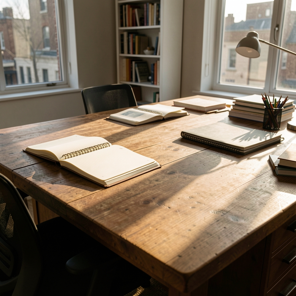 Editorial desk workspace with open notebooks, a pen resting on lined paper, natural overhead lighting in a calm office environment