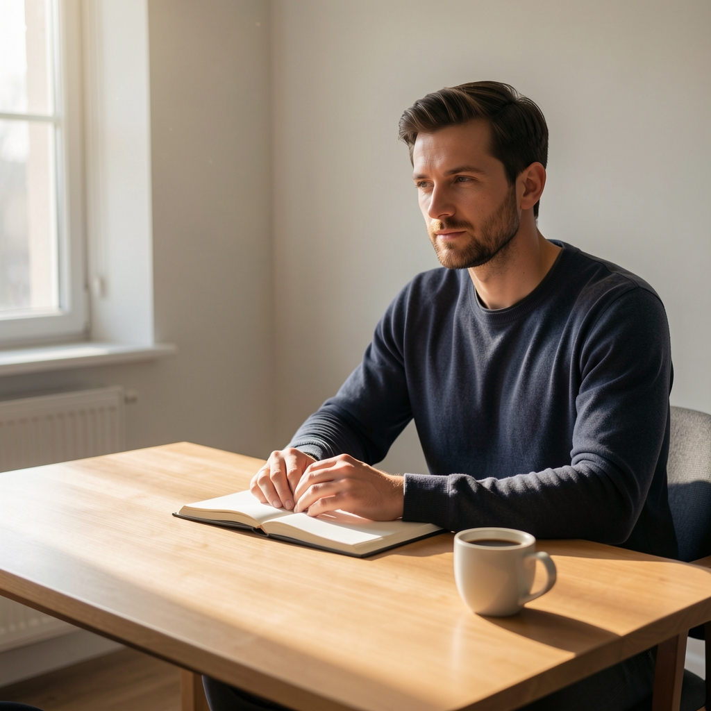 Man seated at a clean wooden desk in early morning light, notebook open beside a simple coffee, sunlight crossing the surface at a low angle