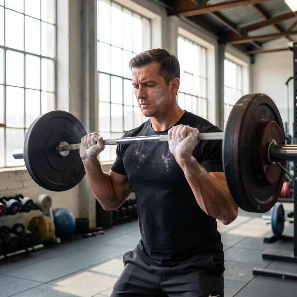 Man performing a barbell lift in a well-lit industrial gym space, chalk on his hands, focused expression, natural light from high windows
