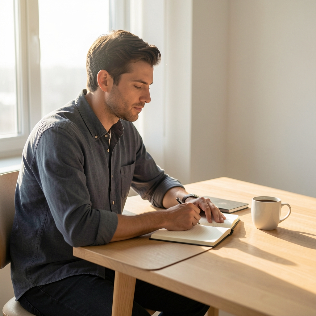 Man at a minimalist wooden desk in early morning light in Kuala Lumpur, notebook open, coffee beside him, calm and focused atmosphere